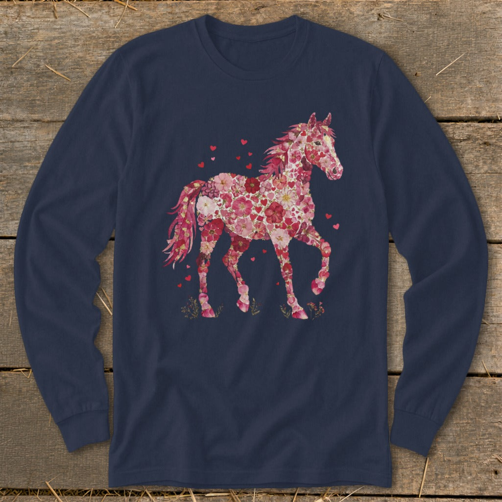 Floral horse graphic with pink flowers and hearts on a navy long-sleeve shirt.