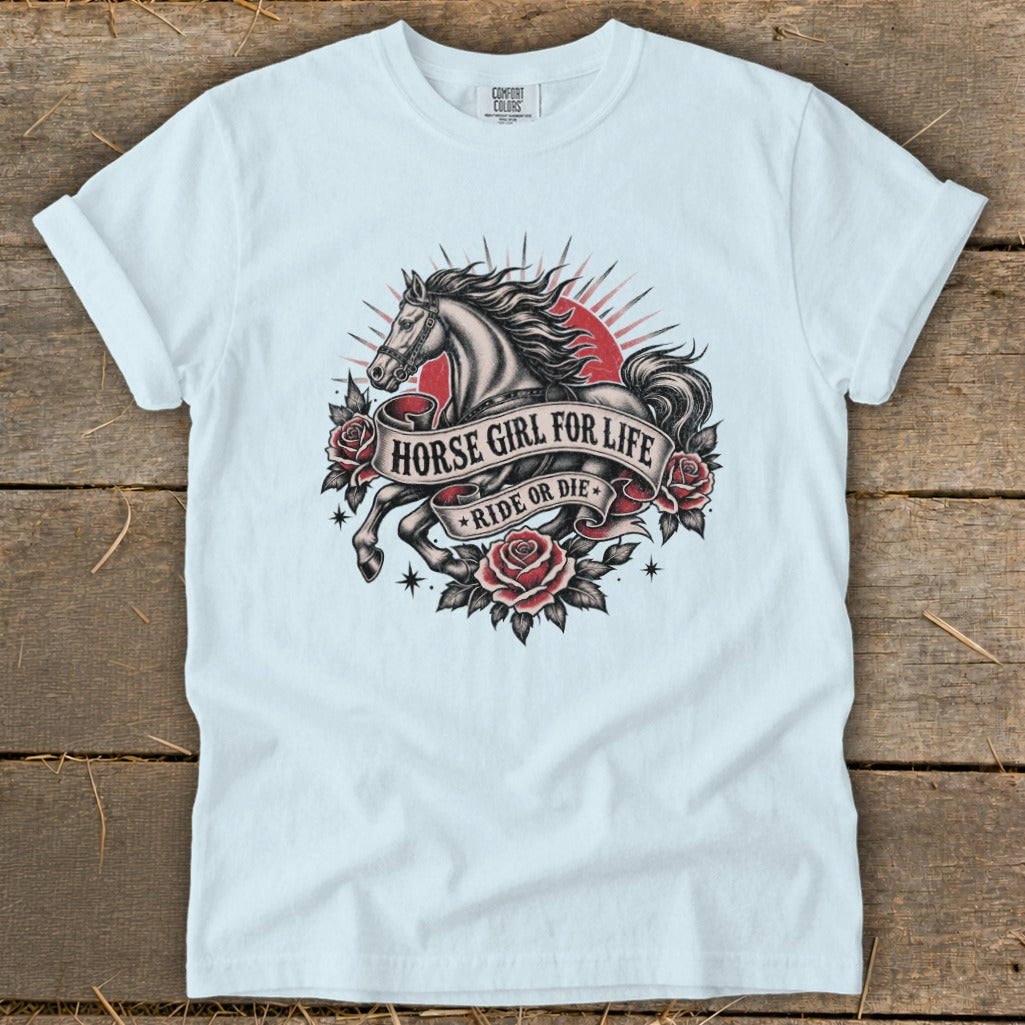 White t-shirt with a vintage-style horse, roses, and text "Horse Girl For Life Ride Or Die".