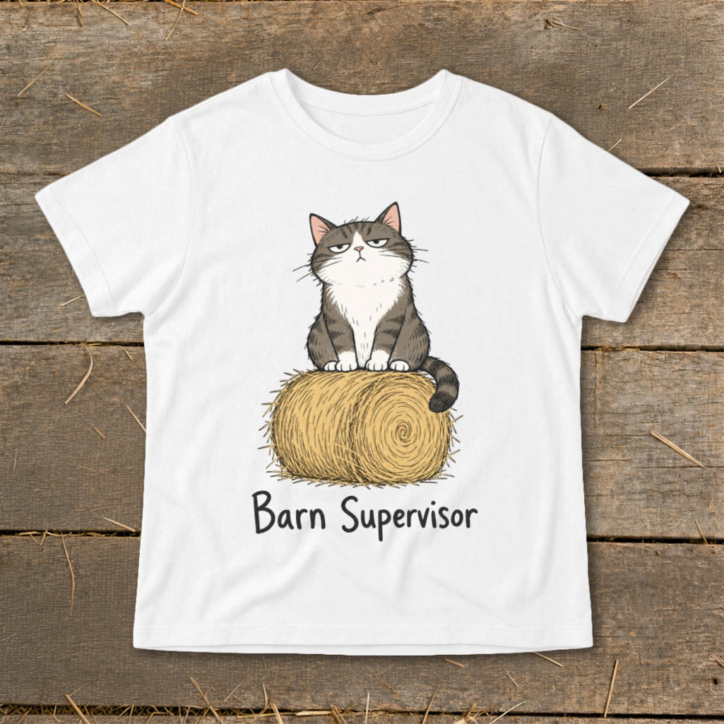 White t-shirt with a grumpy cat sitting on a bale of hay, text reads "Barn Supervisor".