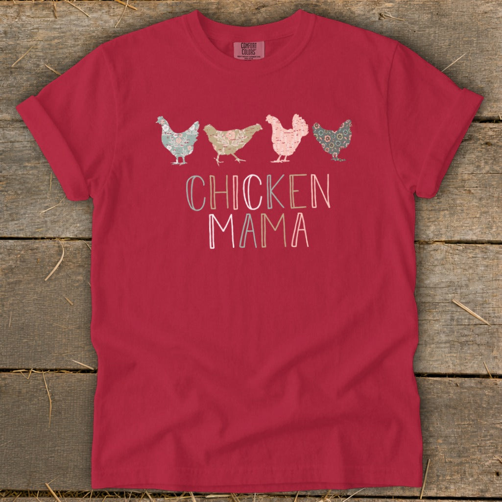 Red t-shirt with four patterned chickens and "CHICKEN MAMA" text.