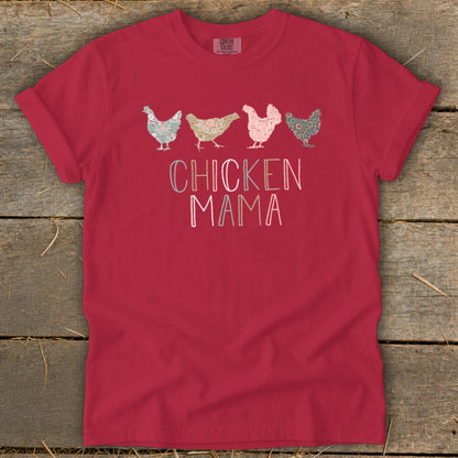 Red t-shirt with four patterned chickens and "CHICKEN MAMA" text.