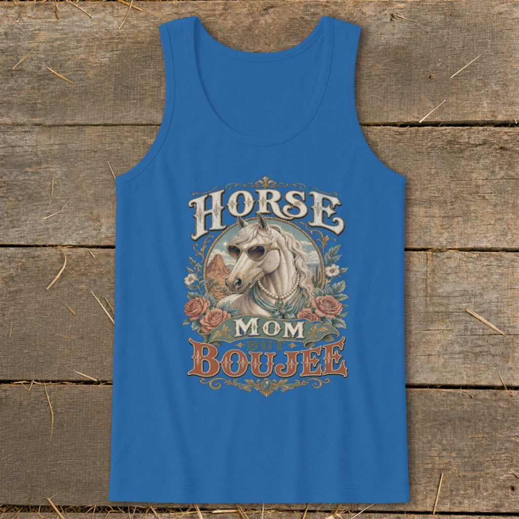 Blue tank top with "Horse Mom But Boujee" graphic featuring a horse wearing sunglasses.