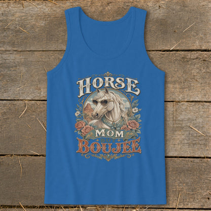 Blue tank top with "Horse Mom But Boujee" graphic featuring a horse wearing sunglasses.