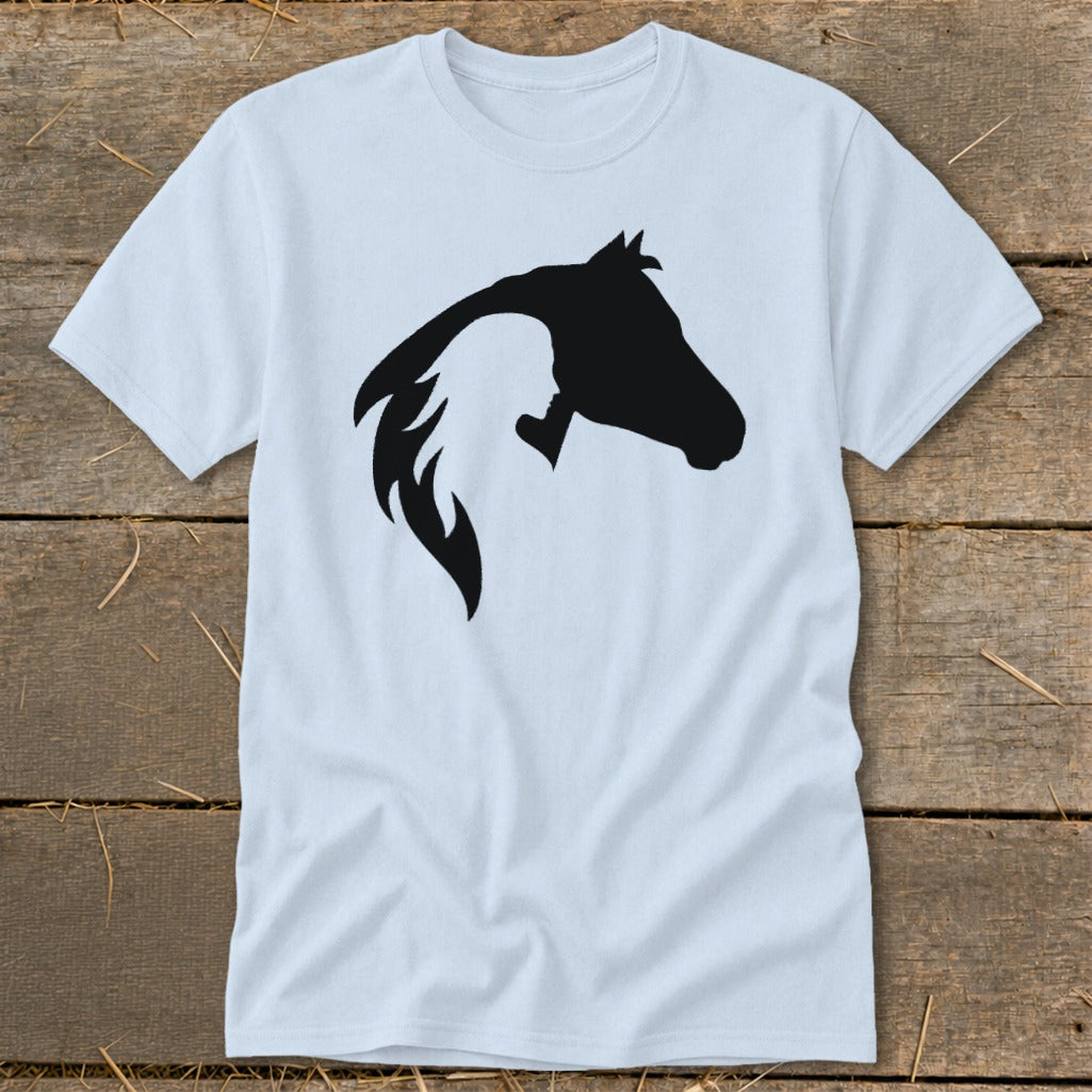 Black silhouette of a horse and female profile on a light blue t-shirt.