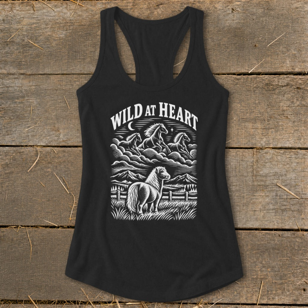 Black tank top with "WILD AT HEART" text and horse graphic illustration.