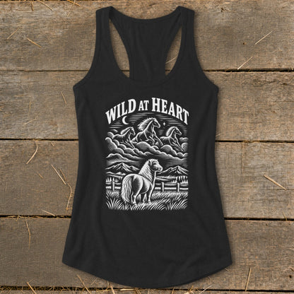 Black tank top with "WILD AT HEART" text and horse graphic illustration.