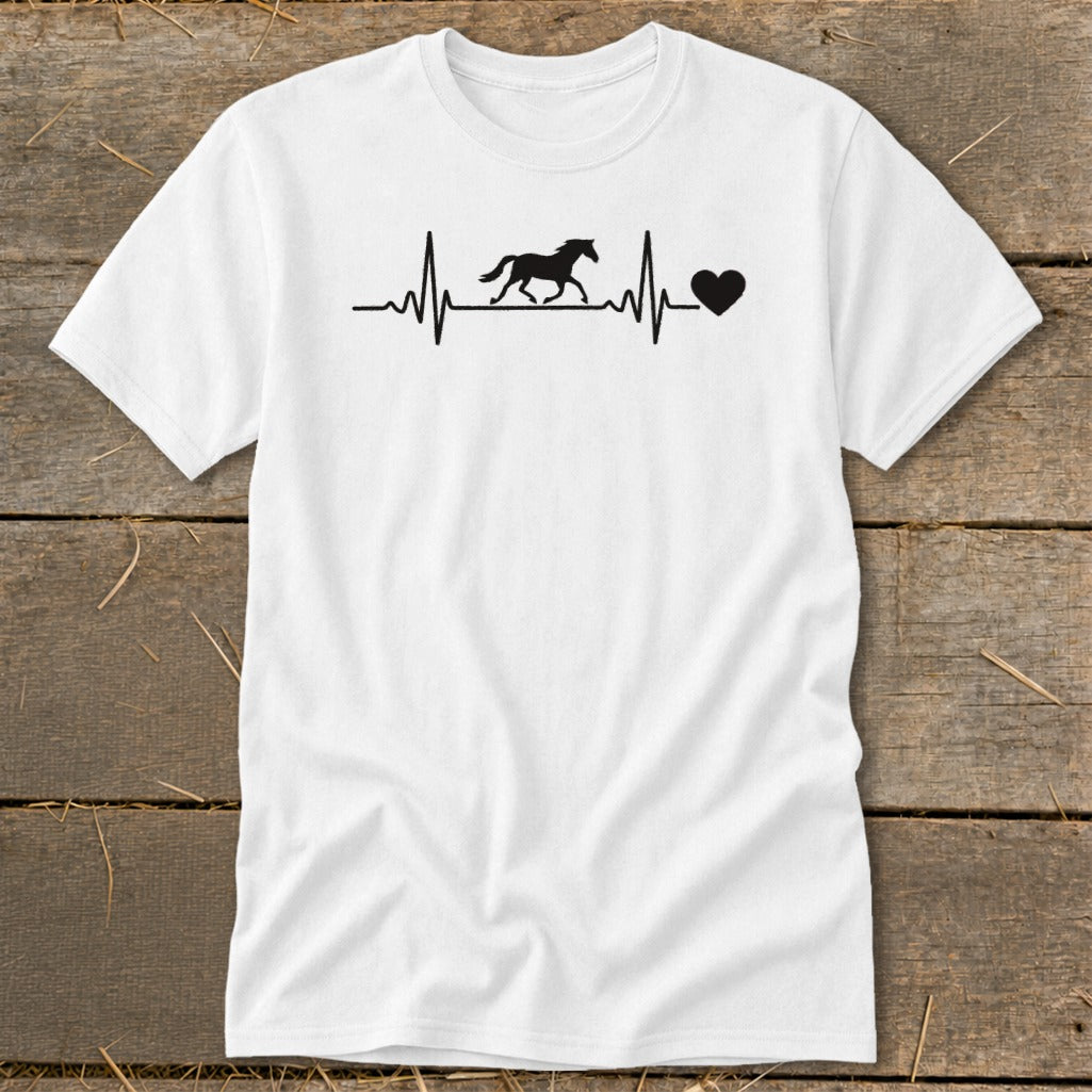 White t-shirt with black horse and heartbeat graphic.