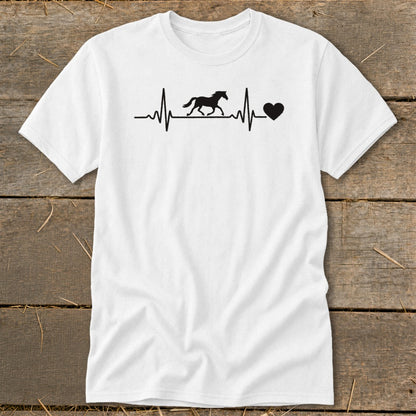 White t-shirt with black horse and heartbeat graphic.