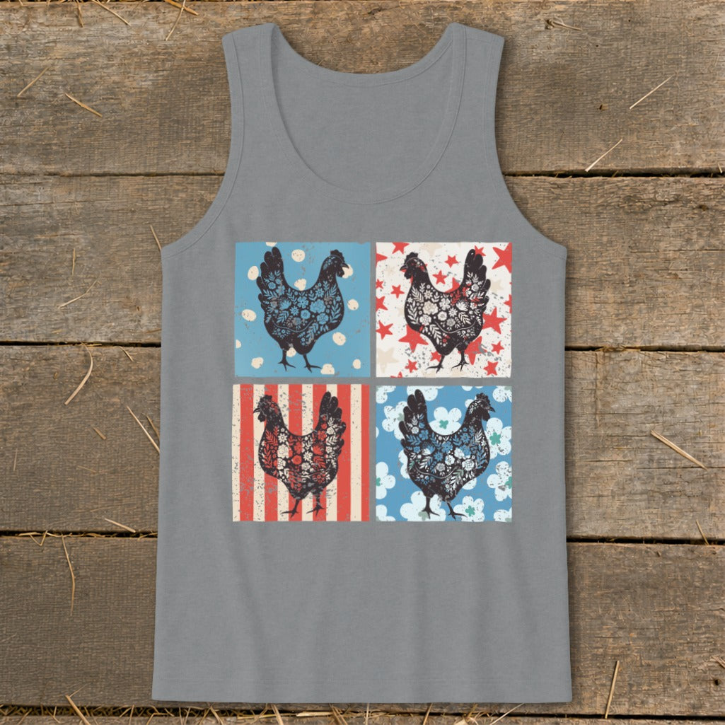Gray tank top with four square panels featuring patterned chickens.