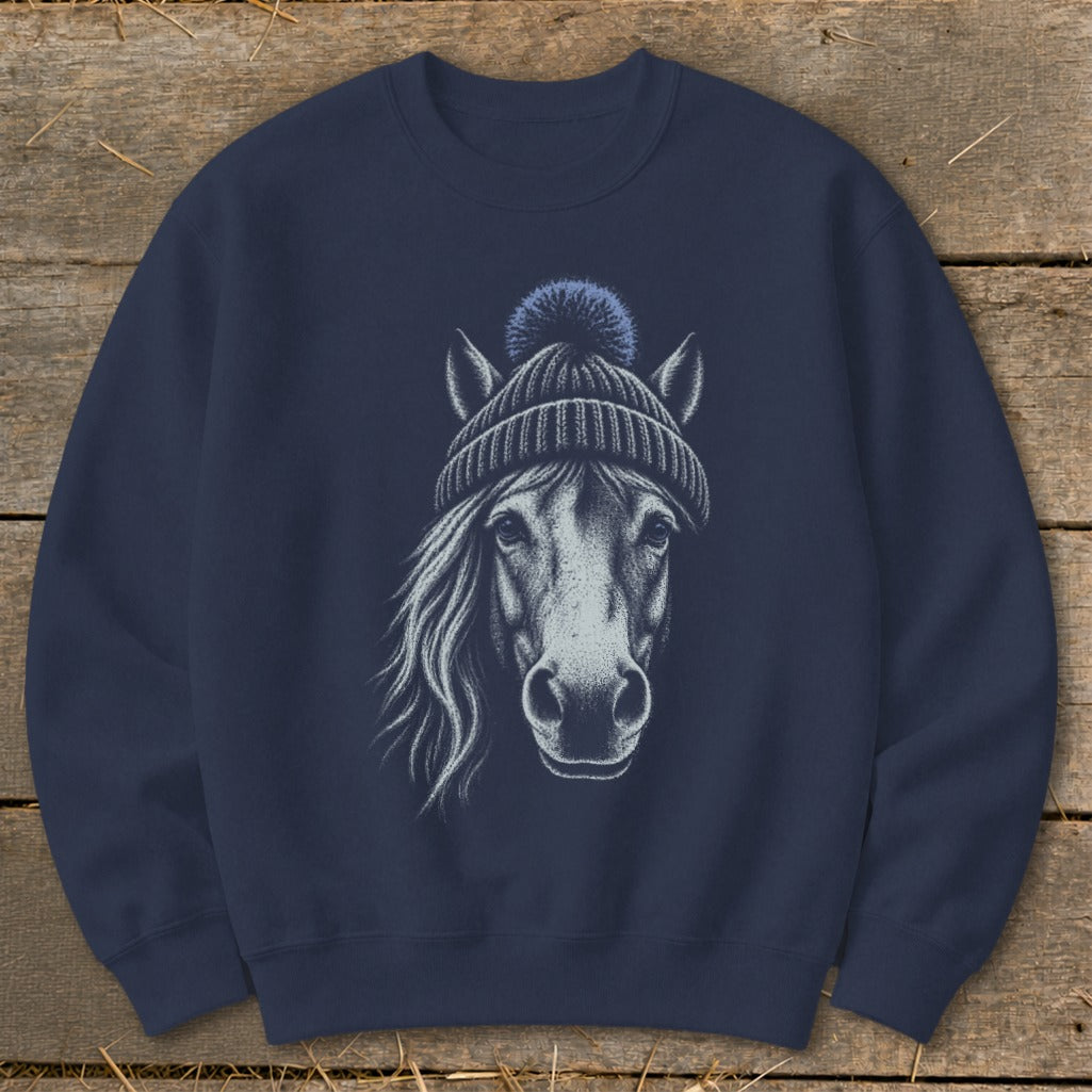 Dark navy sweatshirt with a detailed sketch of a horse wearing a beanie.