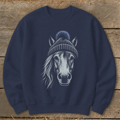 Dark navy sweatshirt with a detailed sketch of a horse wearing a beanie.