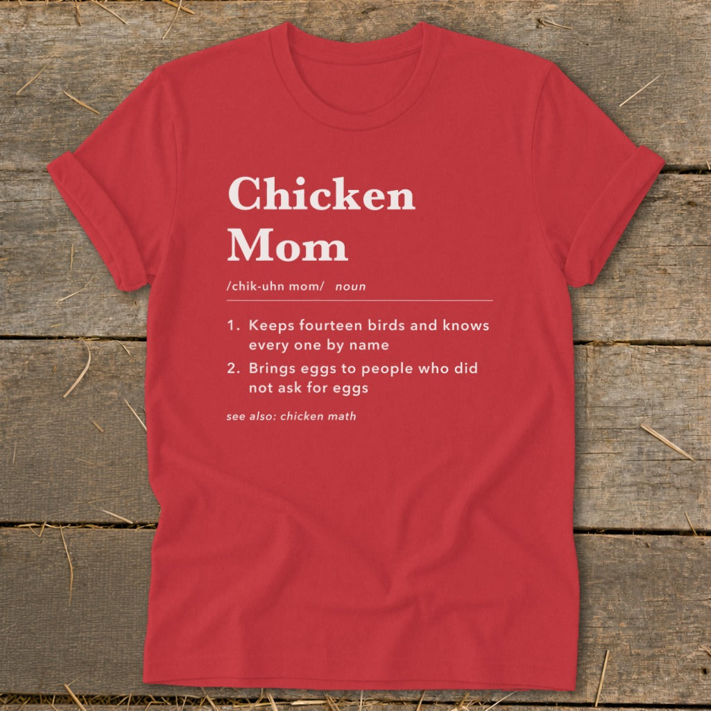 Red t-shirt with "Chicken Mom" definition text and chicken math reference.