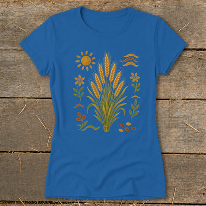 Royal blue t-shirt with a wheat stalk design featuring sun, flowers, and leaves.