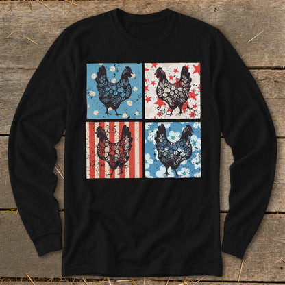 Black long-sleeve shirt with four square panels featuring chickens with floral patterns.