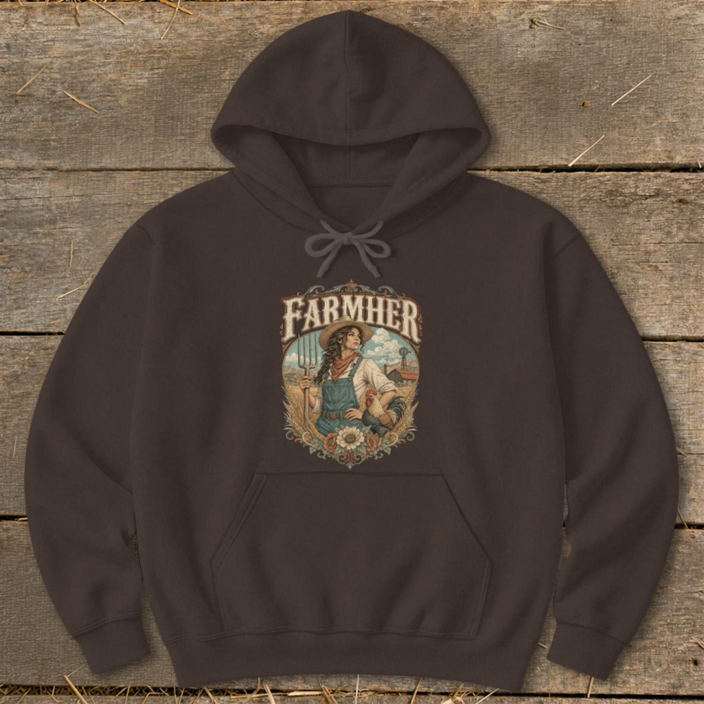 Brown hoodie with "Farmher" graphic of a woman, rooster, and farm scene.