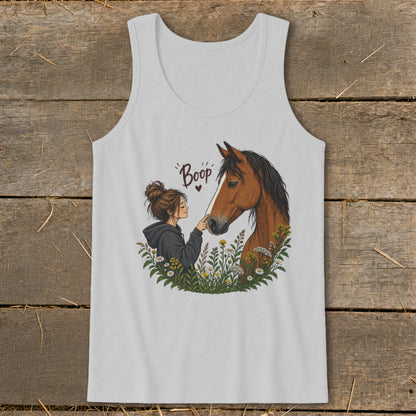 Illustration of girl touching horse nose with "Boop" text and wildflowers on white tank top.