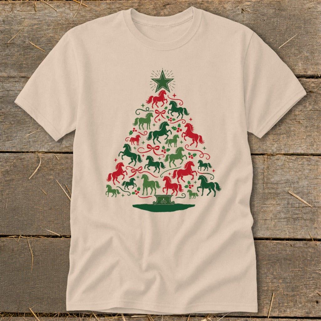 Cream t-shirt with a Christmas tree made of red and green horses and festive accents.