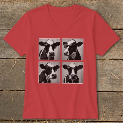 Four black and white cows wearing sunglasses arranged in a grid on a red t-shirt.