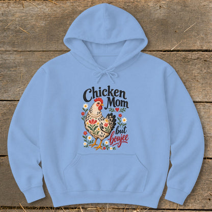 Light blue hoodie with "Chicken Mom but boujee" text and chicken graphic.