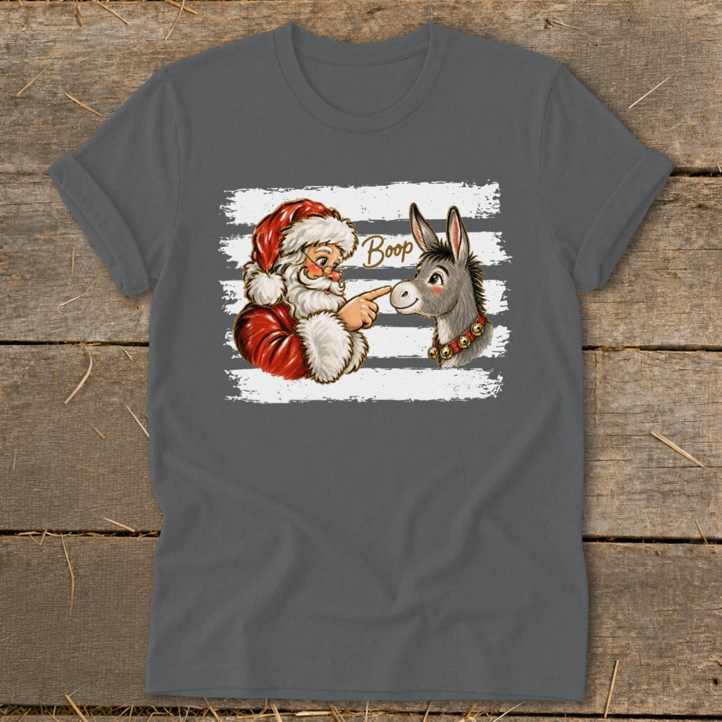 Santa booping a donkey with the word "Boop" on a grey t-shirt.