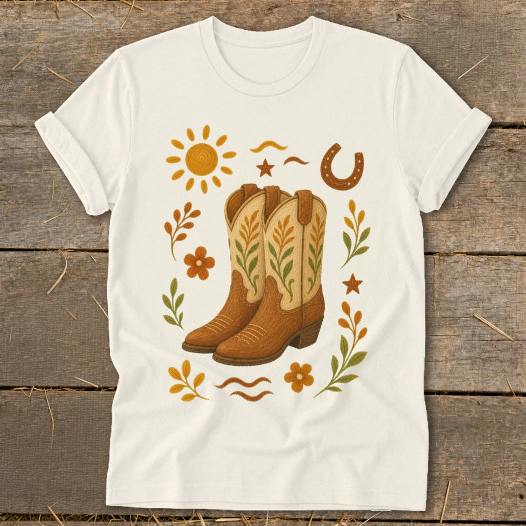 Cream t-shirt with a western-themed graphic of cowboy boots, sun, horseshoe, and floral elements.