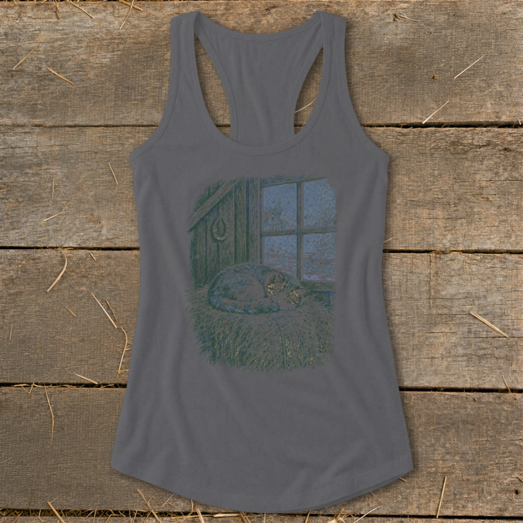 Gray tank top with graphic of a cat sleeping on hay by a frosty window.