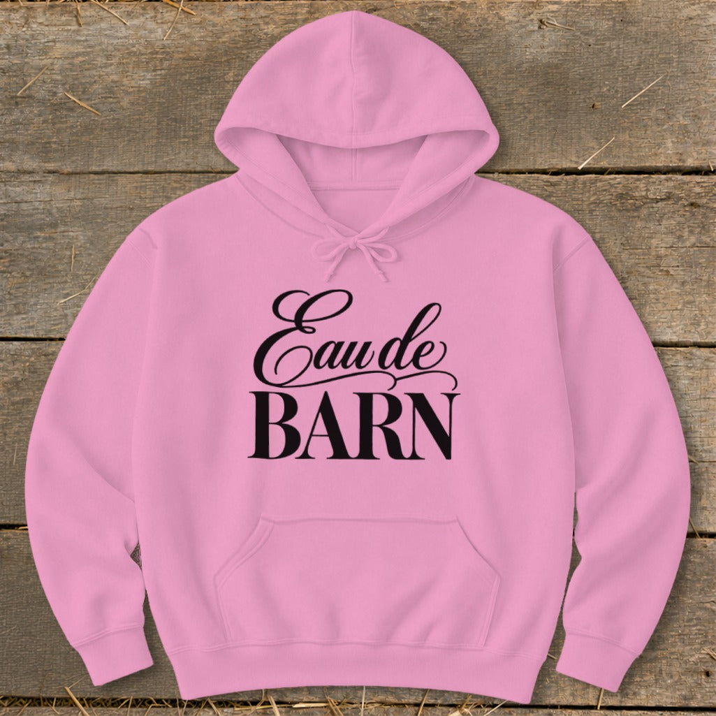 Pink hoodie with black script text reading "Eaude BARN".