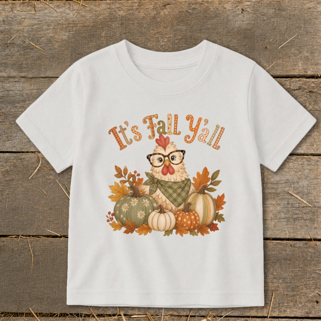 White t-shirt with "It's Fall Y'all" text and a chicken with pumpkins.