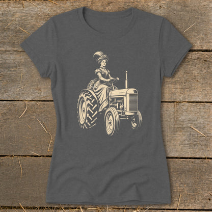 Steampunk woman in ornate hat driving a vintage tractor.