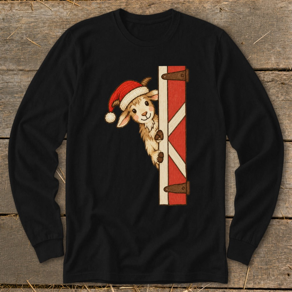 Black long-sleeve shirt with a festive goat peeking from behind a barn door.