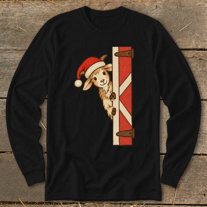 Black long-sleeve shirt with a festive goat peeking from behind a barn door.