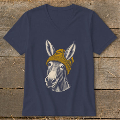 Navy v-neck t-shirt with a sketch of a donkey wearing a yellow beanie.