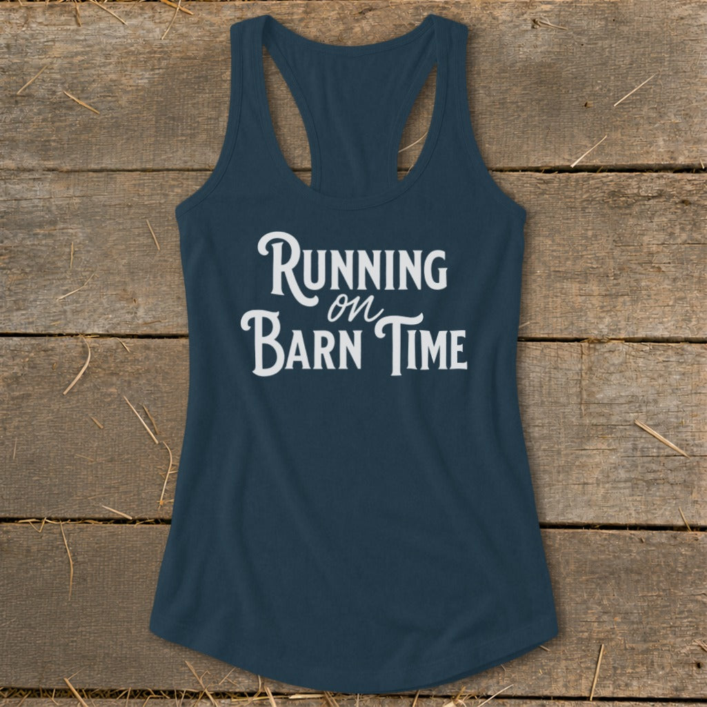 Navy tank top with white text reading "Running on Barn Time".