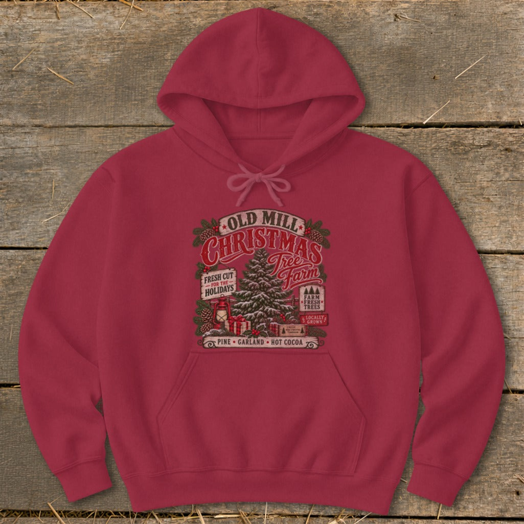 Maroon hoodie with Old Mill Christmas Tree Farm graphic and pine, garland, hot cocoa text.