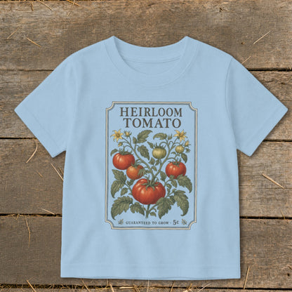 Light blue t-shirt with "Heirloom Tomato" graphic featuring a tomato plant and vine.