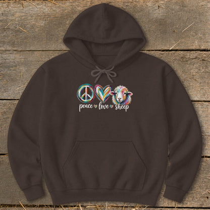 Brown hoodie with peace symbol, heart, and colorful sheep graphic and text.