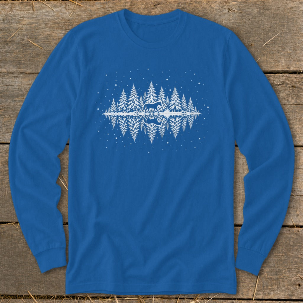 Blue long sleeve shirt with white pine trees, deer, and reflection graphic.