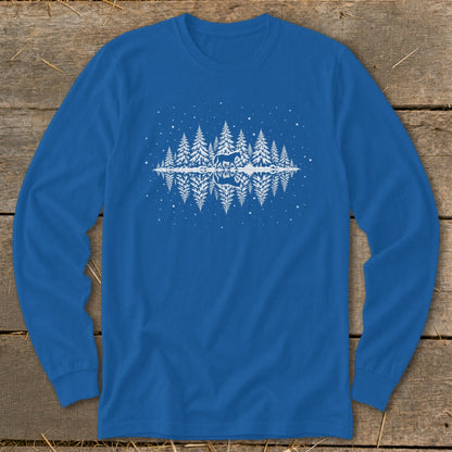Blue long sleeve shirt with white pine trees, deer, and reflection graphic.
