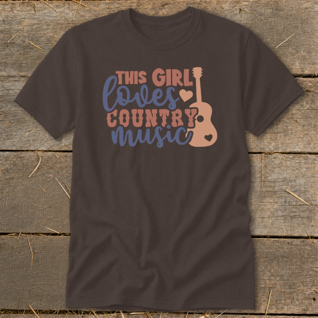 Brown t-shirt with "This Girl Loves Country Music" graphic and guitar silhouette.