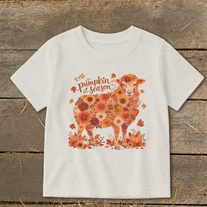 Light cream t-shirt with a floral sheep graphic and "pumpkin season" text.