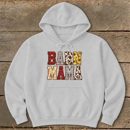 Light gray hoodie with "BARN MAMA" text in plaid, cow print, sunflowers, and wheat patterns.