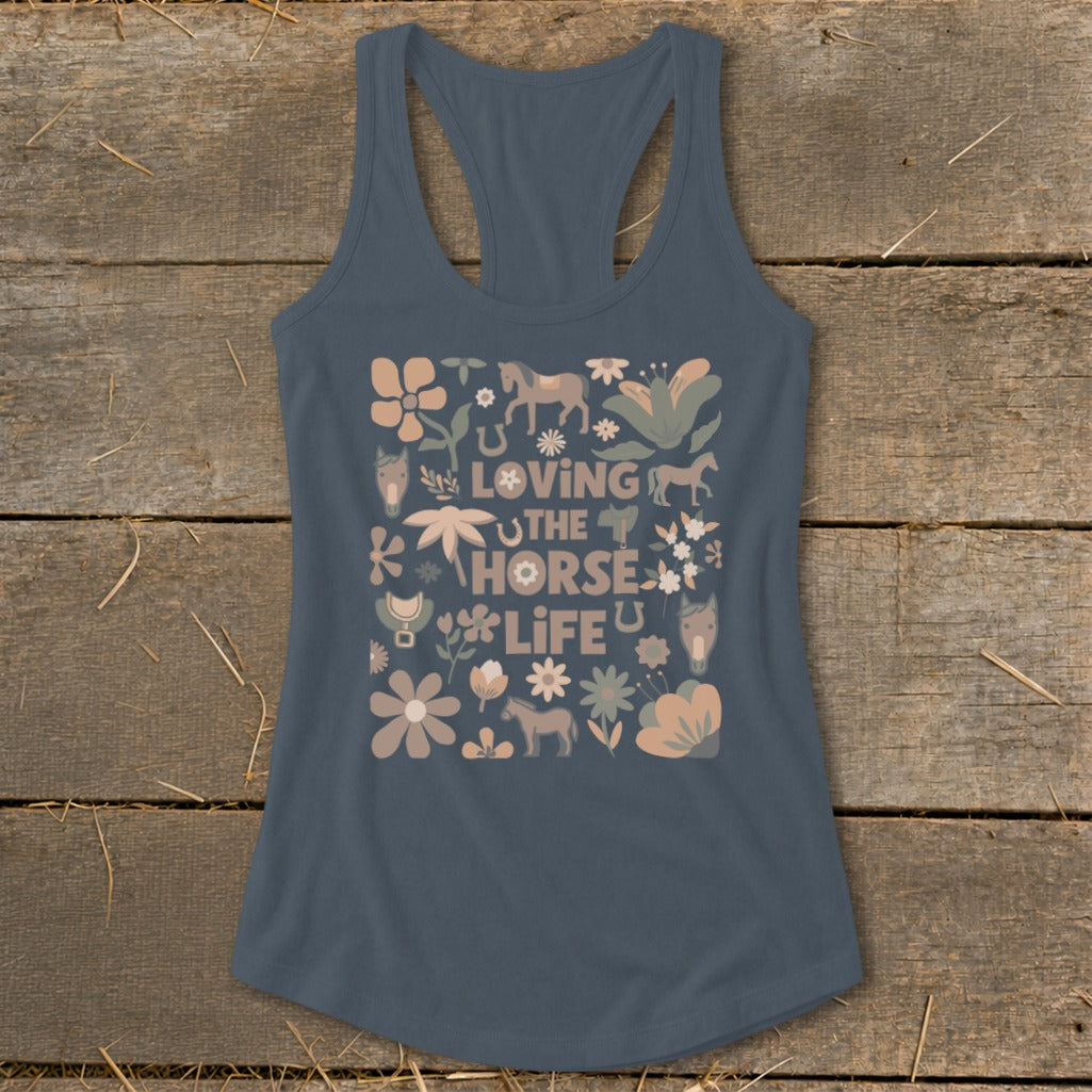 Tank top with "Loving the Horse Life" text surrounded by floral and horse motifs.