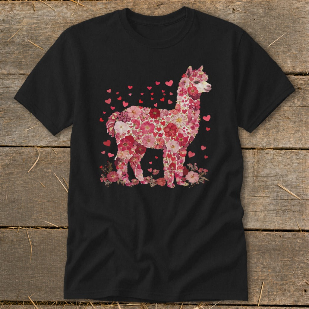 Black t-shirt with a floral alpaca design and scattered heart accents.