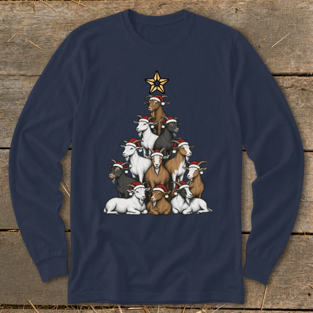 Long-sleeve navy shirt with a Christmas tree made of goats wearing Santa hats.