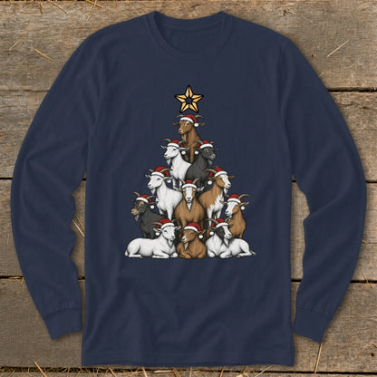 Long-sleeve navy shirt with a Christmas tree made of goats wearing Santa hats.