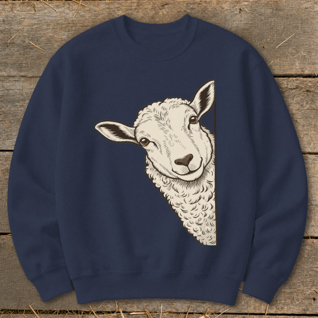 Navy sweatshirt with a graphic of a sheep peeking from the side.