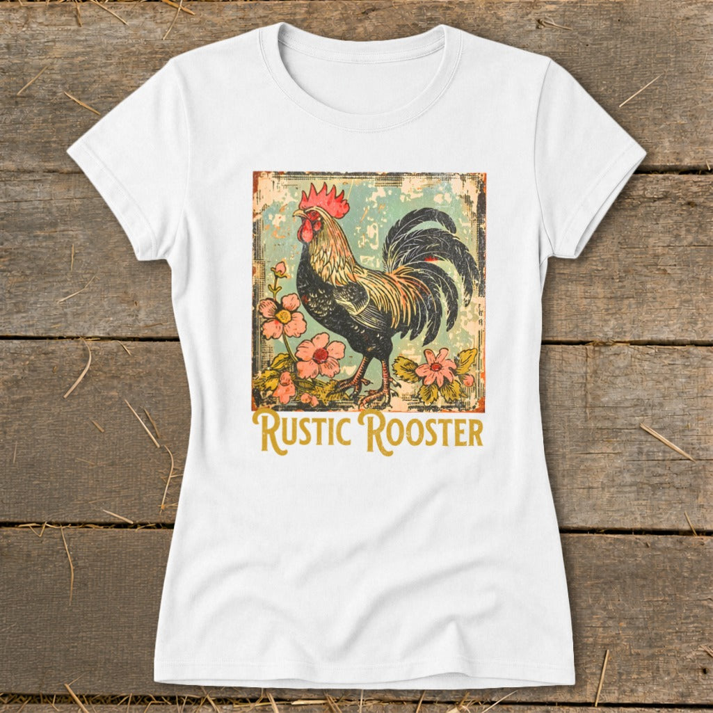 White t-shirt with a vintage rooster and floral design, text "RUSTIC ROOSTER" below.