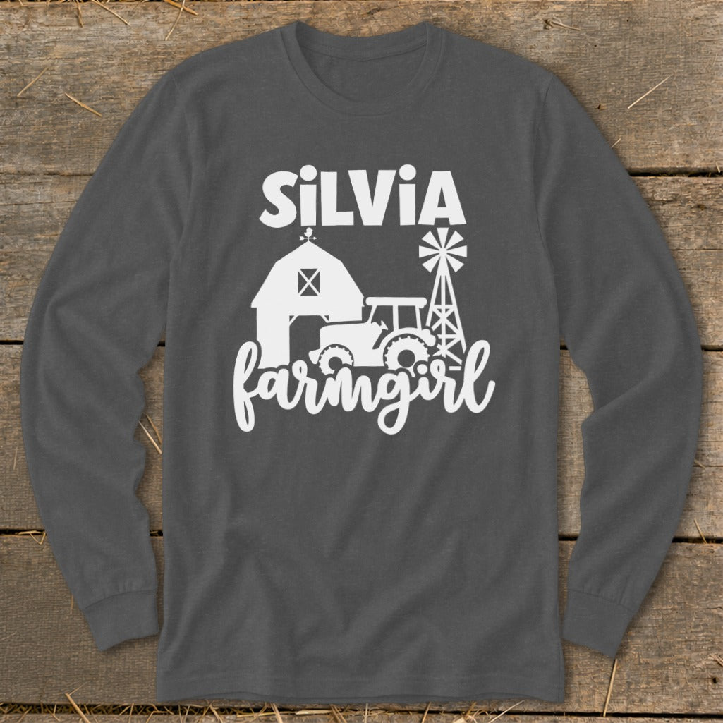 Gray long-sleeve shirt with "SILVIA farmingirl" text and farm graphics.