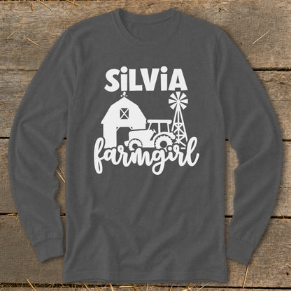 Gray long-sleeve shirt with "SILVIA farmingirl" text and farm graphics.