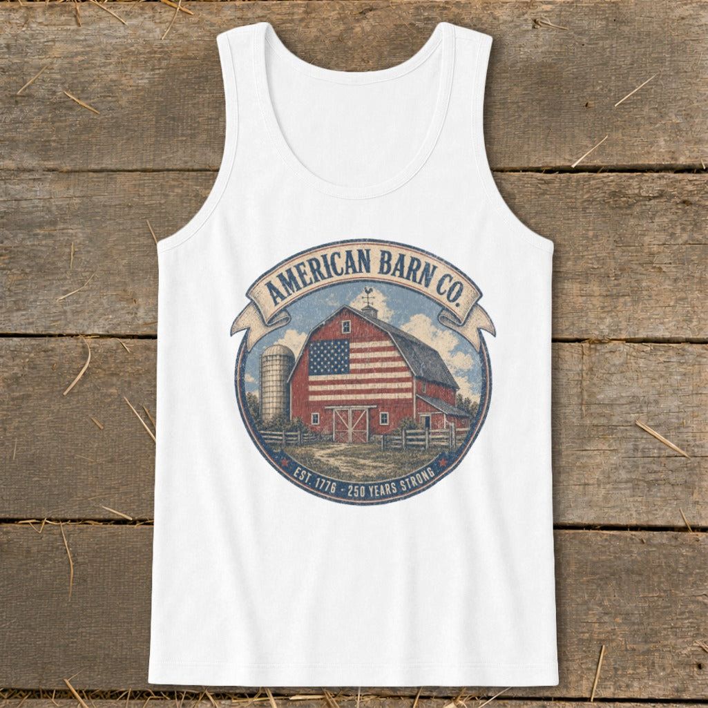 White tank top with "American Barn Co." emblem featuring a red barn with American flag details.